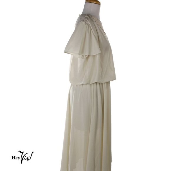 Vintage Ivory Dress w Lace Applique Blouson Top Full Skirt Size L B38 - Hey Viv - Picture 3 of 6